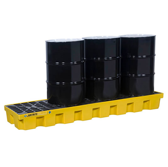 Pallets antiderrames Justrite EcoPolyBlend para 4 tambores en línea - Color amarillo - 2464 x 635 x 229 mm